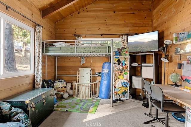 bedroom with carpet, lofted ceiling with beams, wood ceiling, and wooden walls