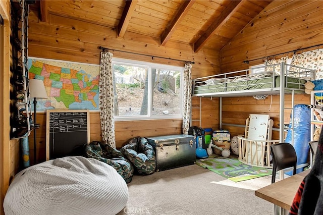 22328 Pine Dr, Cedarpines Park, CA 92322 - bedroom featuring wooden walls, carpet floors, and wood ceiling