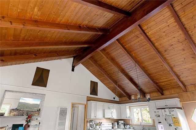 room details featuring beamed ceiling, an inviting chandelier, white appliances, white cabinetry, and wood ceiling