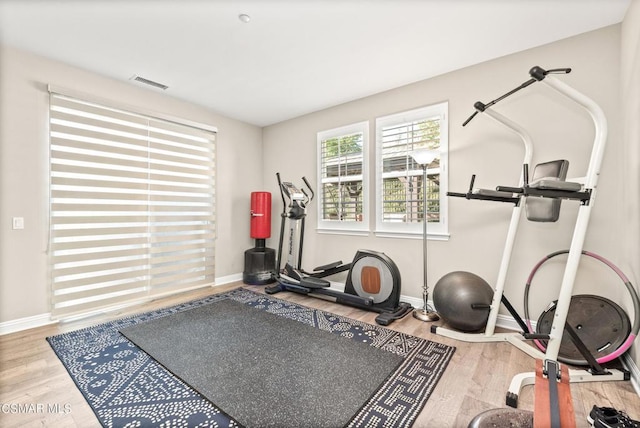 exercise room featuring hardwood / wood-style floors