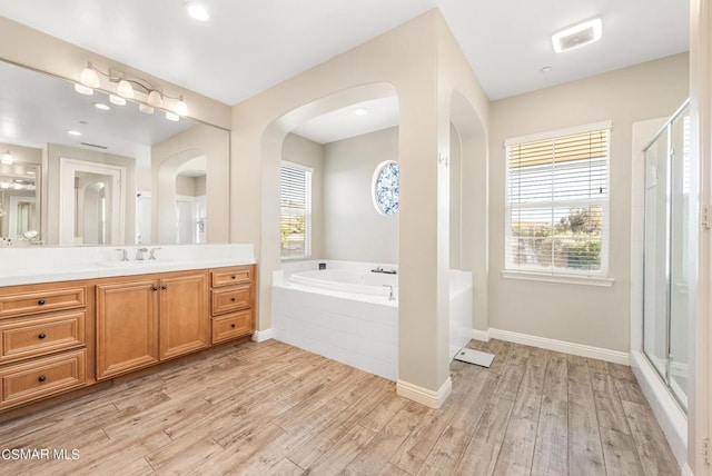 bathroom featuring vanity, hardwood / wood-style flooring, a wealth of natural light, and independent shower and bath