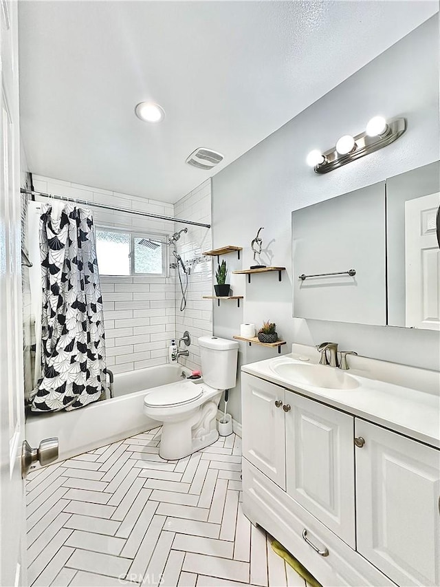 full bathroom with toilet, shower / tub combo, and vanity