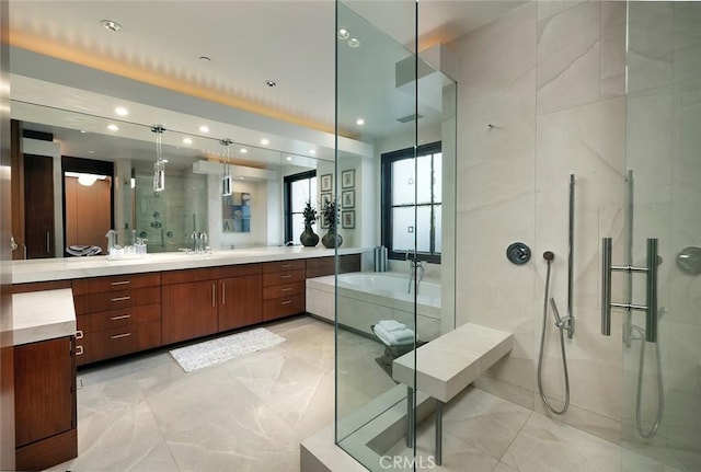 bathroom with vanity and walk in shower