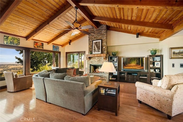 living room with hardwood / wood-style flooring, beamed ceiling, and wood ceiling