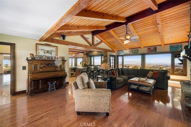 living room featuring ceiling fan, wood ceiling, wood-type flooring, and vaulted ceiling with beams