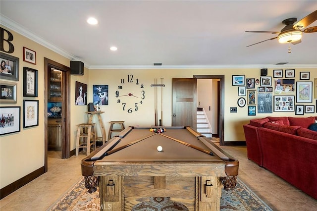 game room featuring ceiling fan, ornamental molding, and billiards