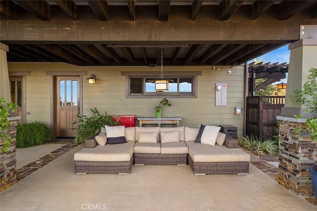 view of patio featuring a pergola and outdoor lounge area