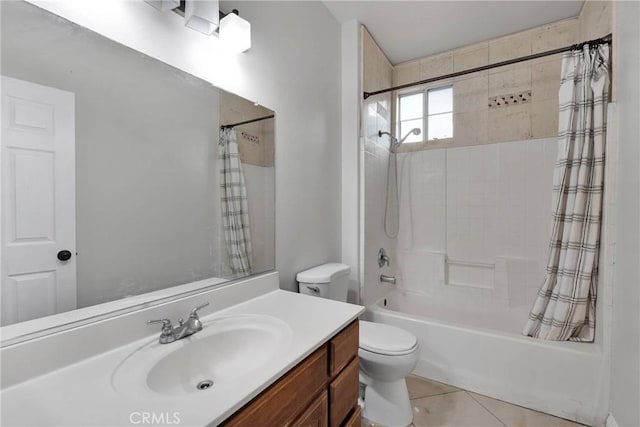 full bathroom with toilet, tile patterned flooring, vanity, and shower / tub combo with curtain