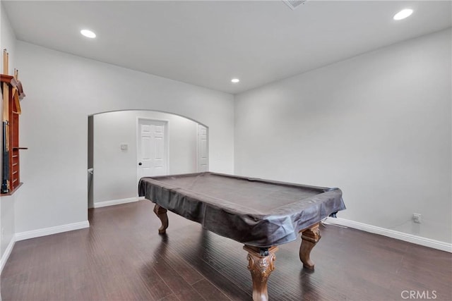 game room with dark hardwood / wood-style flooring and pool table