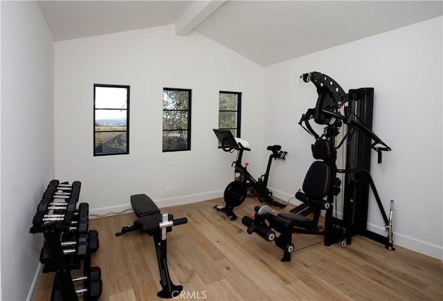 workout room featuring vaulted ceiling and hardwood / wood-style floors