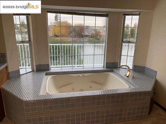 bathroom with a relaxing tiled tub