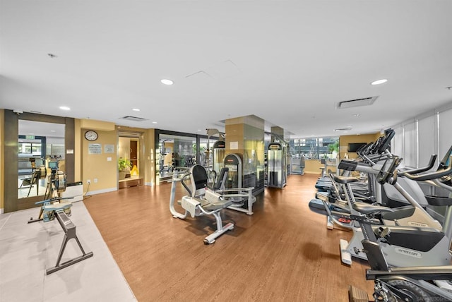 workout area featuring light hardwood / wood-style flooring