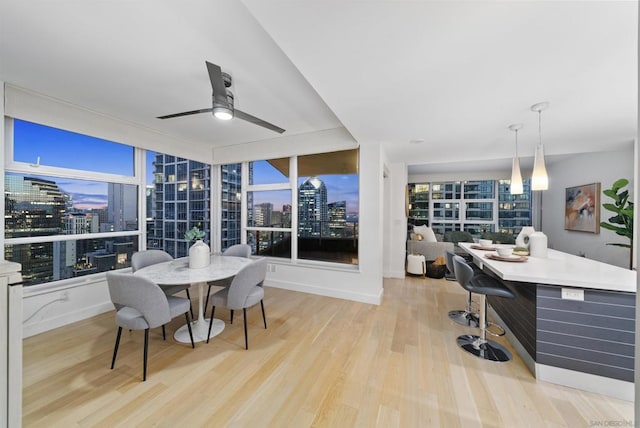 dining space with ceiling fan and light hardwood / wood-style floors