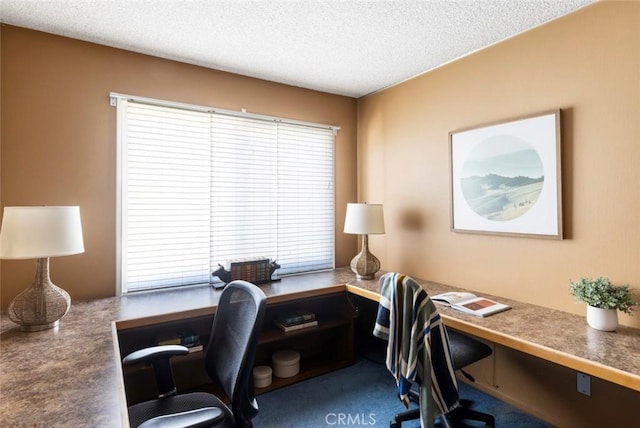 office with a textured ceiling and carpet