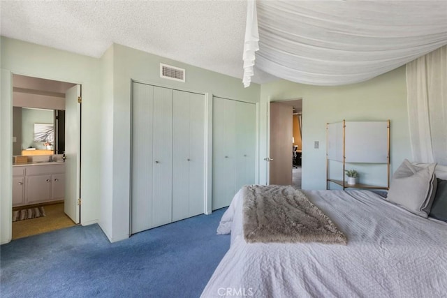 bedroom featuring ensuite bathroom, carpet, sink, multiple closets, and a textured ceiling