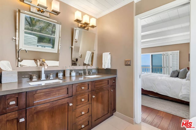 bathroom with wood ceiling, vanity, ornamental molding, hardwood / wood-style flooring, and beam ceiling