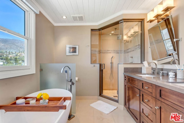 bathroom featuring wood ceiling, tile patterned flooring, vanity, ornamental molding, and separate shower and tub