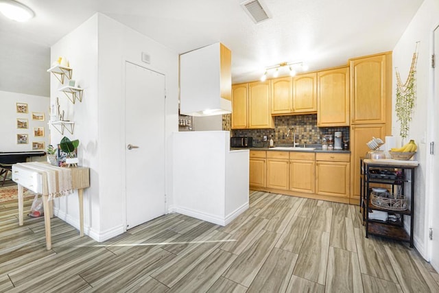 kitchen with sink, light brown cabinets, and tasteful backsplash