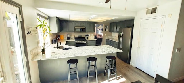 kitchen featuring appliances with stainless steel finishes, light hardwood / wood-style floors, sink, kitchen peninsula, and gray cabinetry