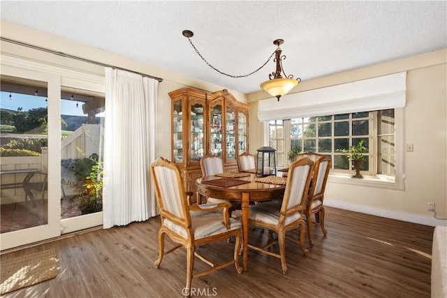 dining space featuring hardwood / wood-style flooring and a textured ceiling