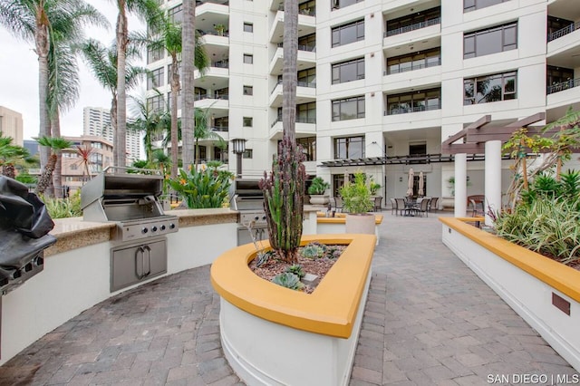 view of community with a pergola, a patio area, and exterior kitchen