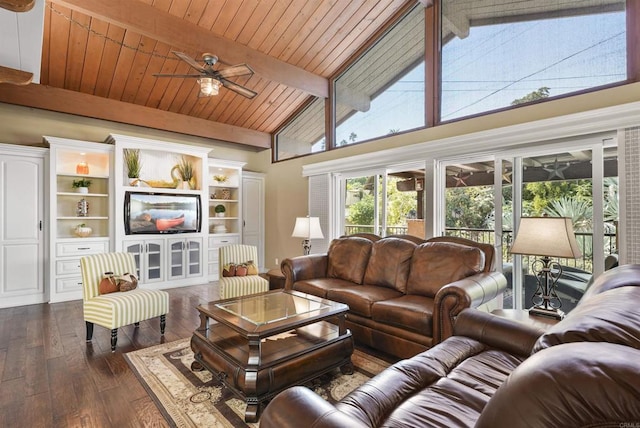 living room featuring ceiling fan, dark hardwood / wood-style flooring, wood ceiling, and beamed ceiling