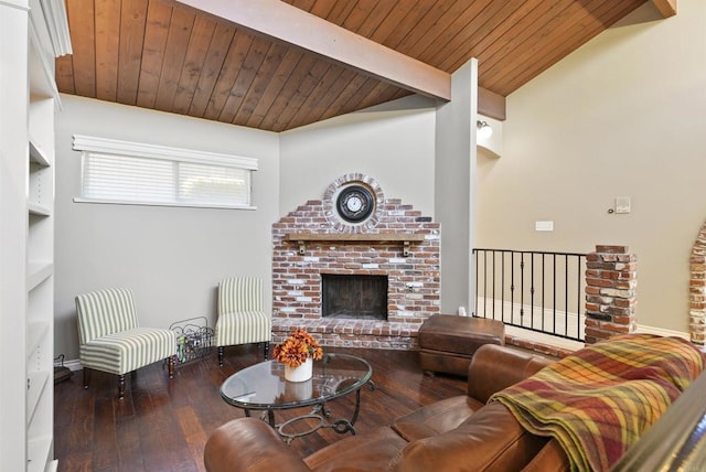 living room with vaulted ceiling with beams, dark hardwood / wood-style flooring, wood ceiling, and a fireplace