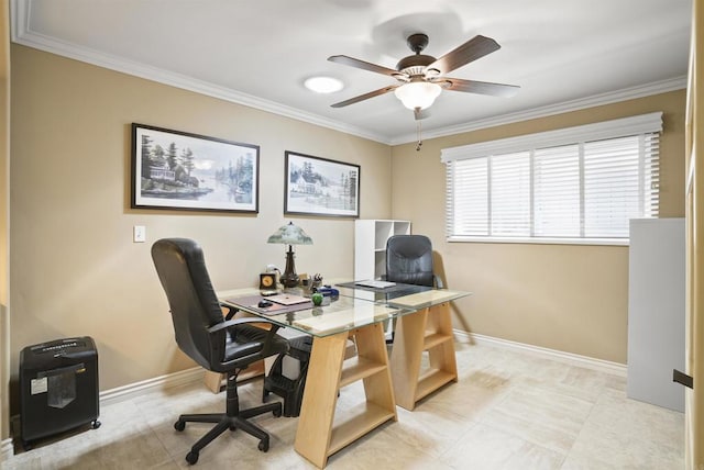 office featuring ceiling fan and ornamental molding