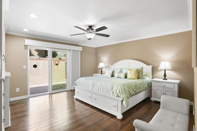 bedroom with ceiling fan, dark wood-type flooring, ornamental molding, and access to outside