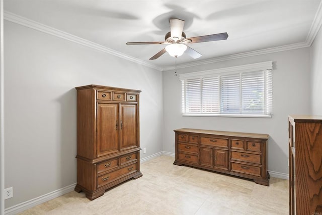 interior space featuring ceiling fan and crown molding