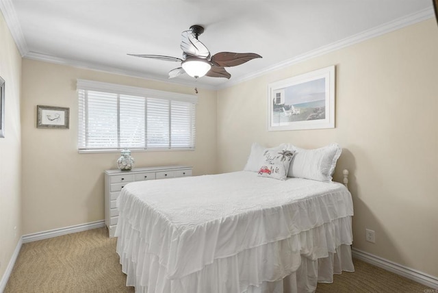 bedroom with ceiling fan, light colored carpet, and crown molding