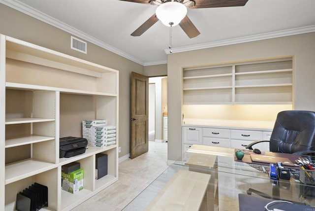 office area featuring ceiling fan, light tile patterned floors, and ornamental molding