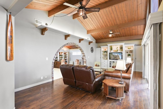 living room with wooden ceiling, vaulted ceiling with beams, dark hardwood / wood-style floors, and ceiling fan