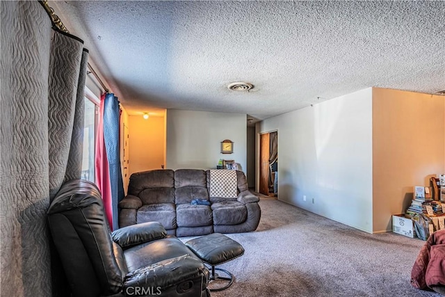 living room featuring a textured ceiling and carpet