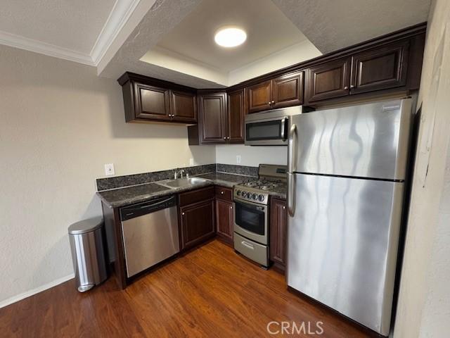 kitchen with crown molding, dark brown cabinets, dark hardwood / wood-style flooring, a tray ceiling, and stainless steel appliances