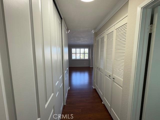 hall featuring ornamental molding and dark hardwood / wood-style flooring