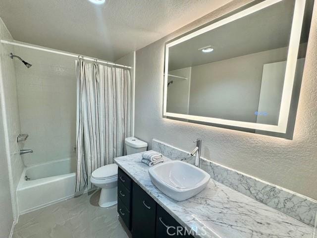 785 W 19th St Unit 12B, San Pedro, CA 90731 - full bathroom with shower / bathtub combination with curtain, vanity, a textured wall, marble finish floors, and a textured ceiling