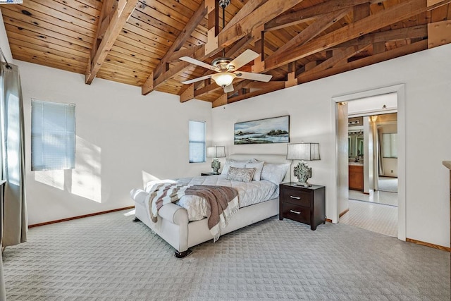 carpeted bedroom with ceiling fan, high vaulted ceiling, beam ceiling, and wood ceiling