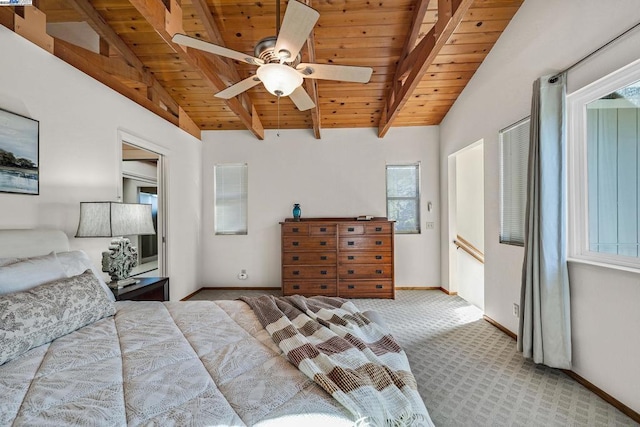 bedroom featuring ceiling fan, light carpet, wood ceiling, and lofted ceiling with beams