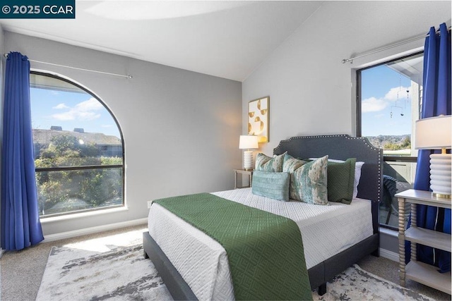 carpeted bedroom with multiple windows and lofted ceiling