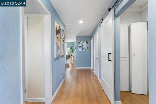 hallway featuring a barn door and light hardwood / wood-style flooring