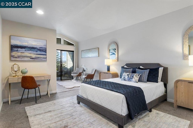 carpeted bedroom featuring vaulted ceiling and access to outside