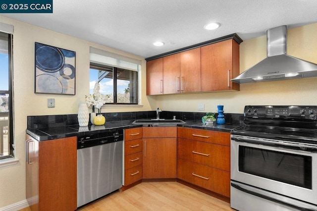 kitchen with stainless steel appliances, sink, light wood-type flooring, and wall chimney exhaust hood