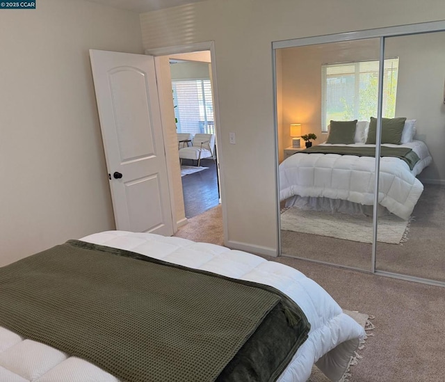 bedroom featuring carpet flooring and a closet