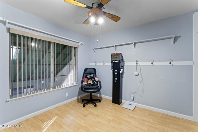 interior space featuring ceiling fan and hardwood / wood-style floors