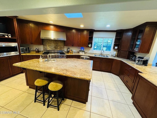 kitchen featuring sink, exhaust hood, an island with sink, and stainless steel appliances