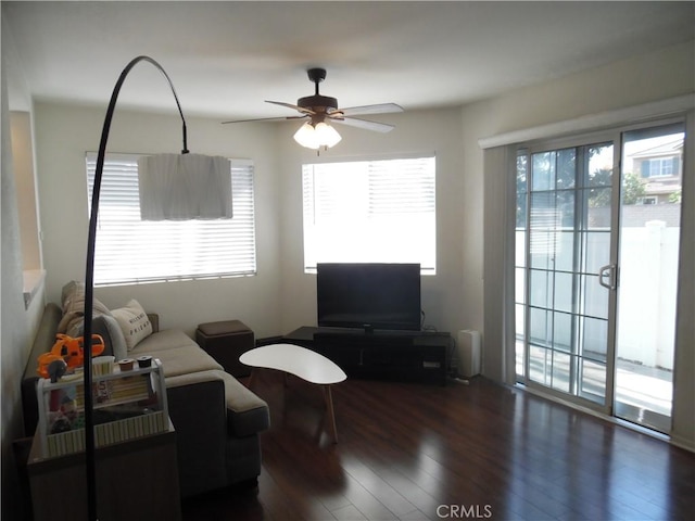 living room featuring ceiling fan, a wealth of natural light, and dark hardwood / wood-style flooring