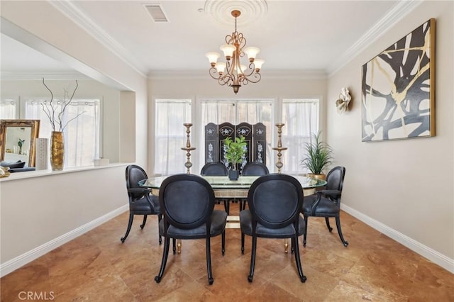 dining space with baseboards, ornamental molding, visible vents, and a notable chandelier