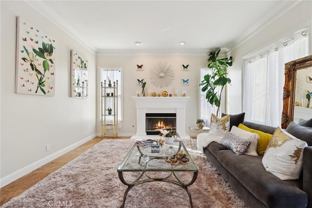 living room with crown molding and light hardwood / wood-style flooring