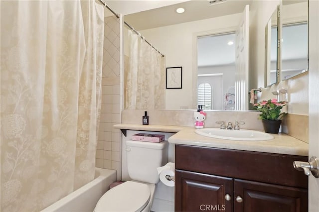 full bathroom with shower / tub combo, visible vents, toilet, vanity, and recessed lighting